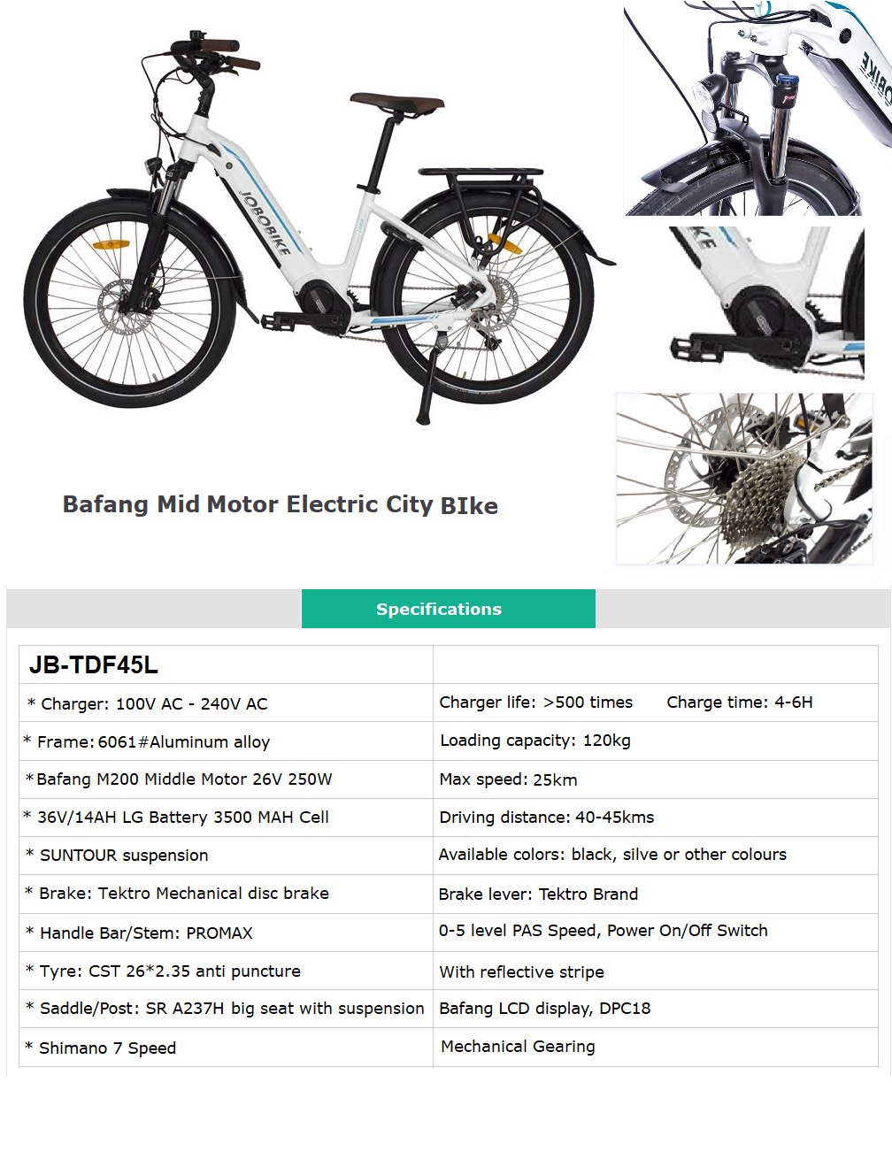 Brochure JB-TDF45L – Product information and specifications for electric bikes.