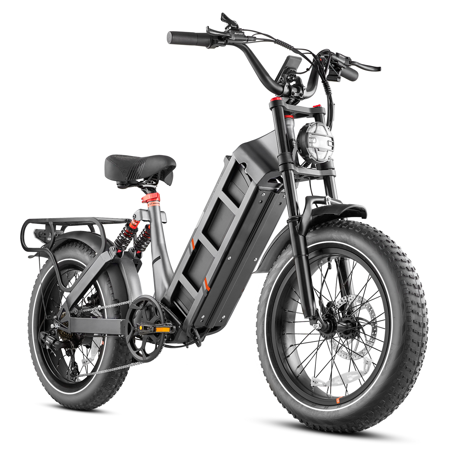Rocky e-bike front view – Comfortable handlebars and advanced riding controls.
